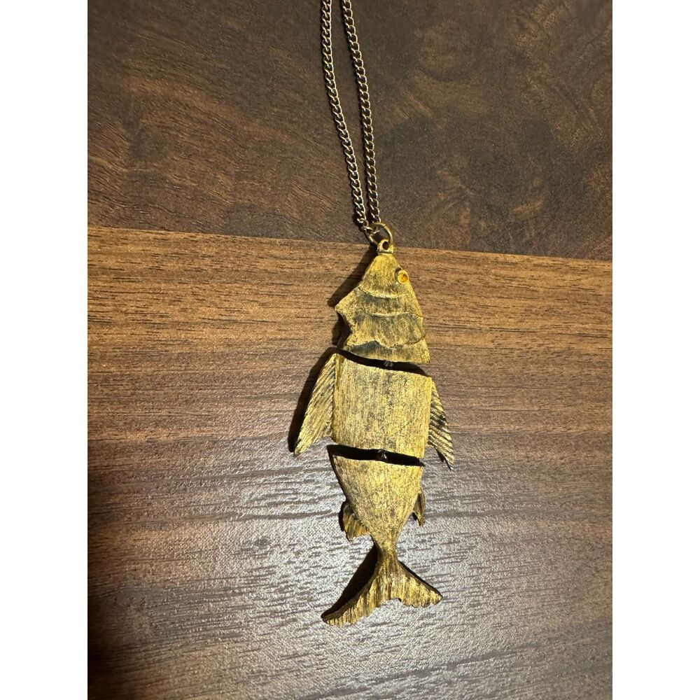 Fish Pendant Necklace Gold Tone Long Chain